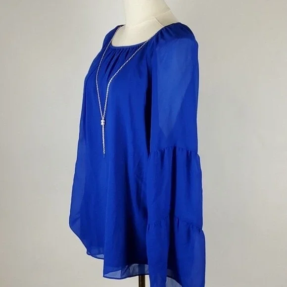 JM Collection Top Womens Large Blue Solid Tiered Bell Sleeve Gauze Blouse NWT - Picture 5 of 8
